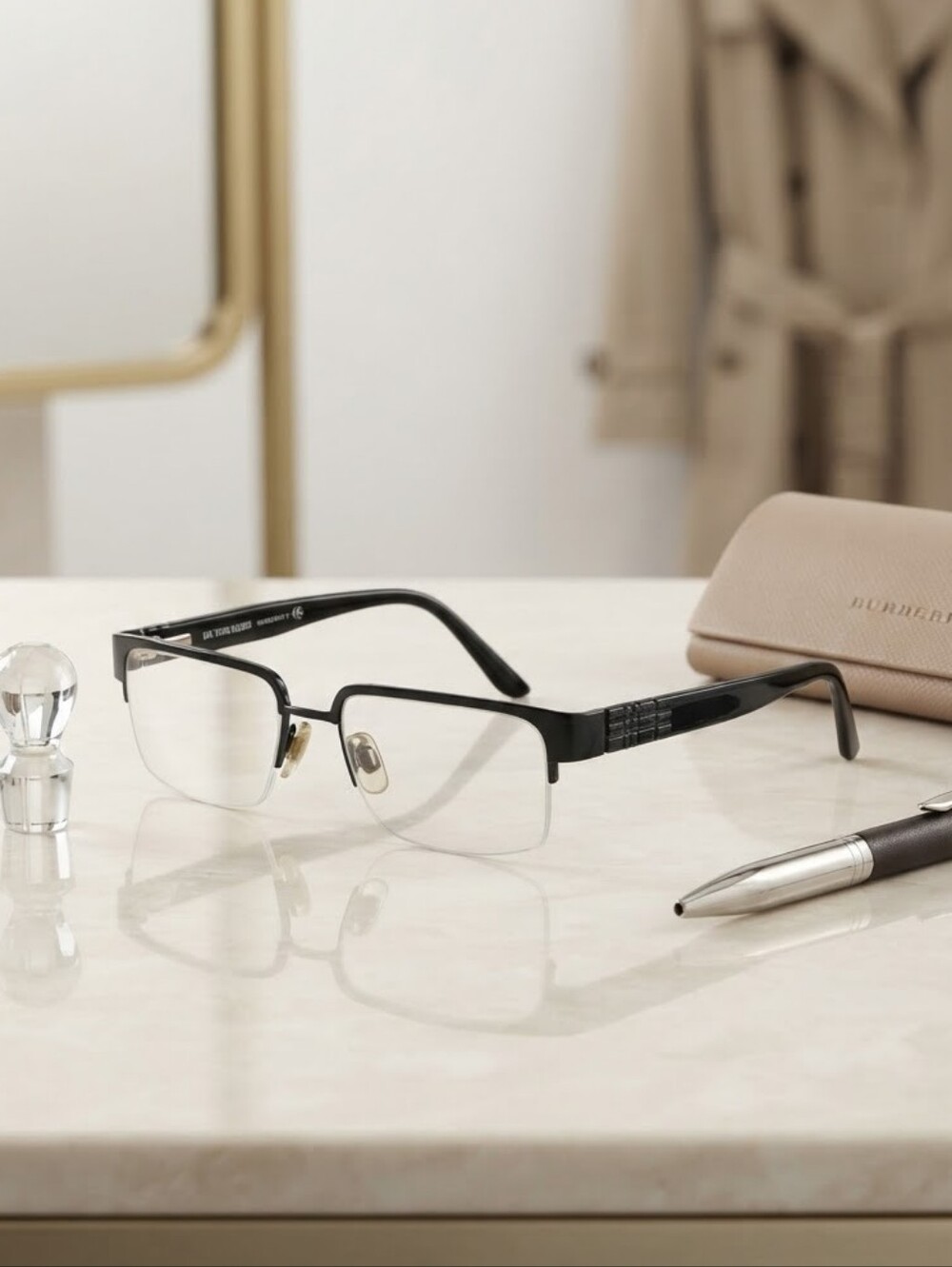 Burberry Black Half-Rim Eyeglass Frames Check Pattern Temples